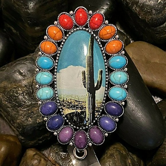 Saguaro Cactus Western Turquoise ID Badge Holder - Picture 2 of 9